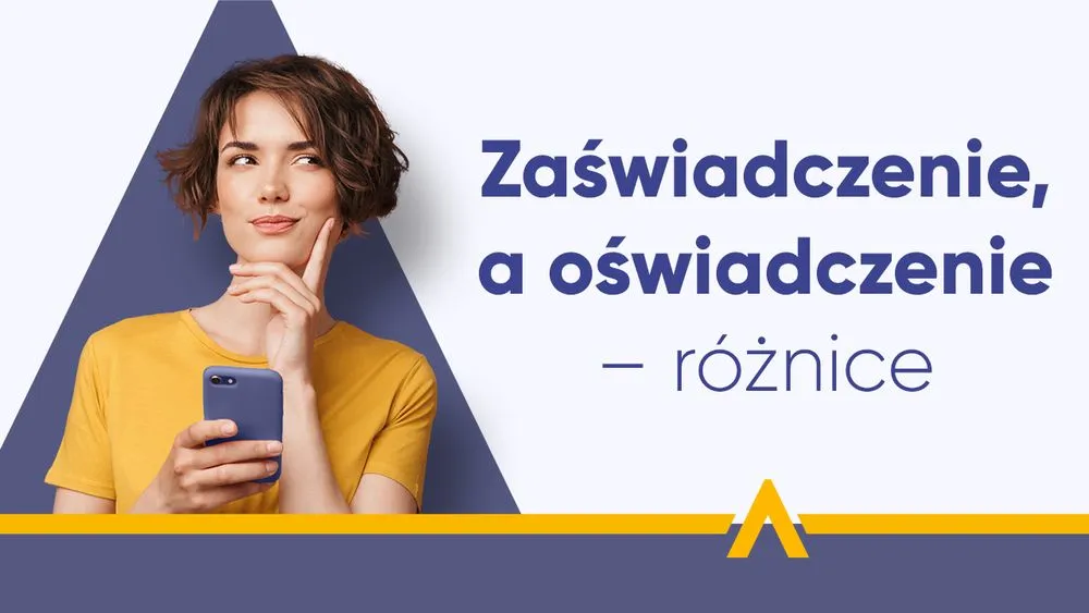 Młoda kobieta w żółtej koszulce trzymająca telefon, zastanawiająca się nad różnicą między zaświadczeniem a oświadczeniem